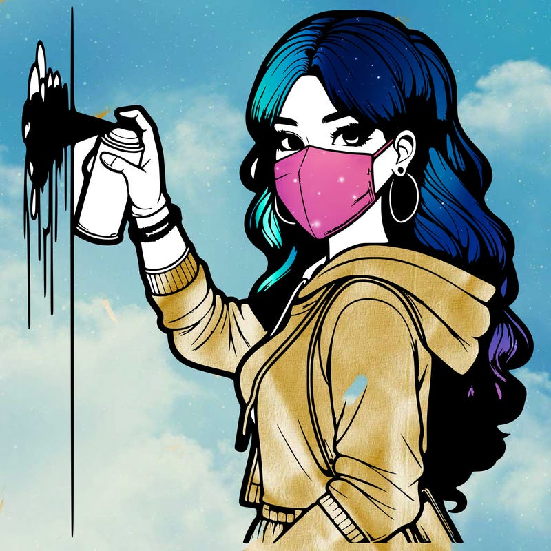 realistic girl with mask spray painting a wall