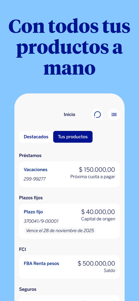 BBVA Argentina - BBVA Argentinien App Startbildschirm mit Finanzprodukten wie Krediten und Festgeldern