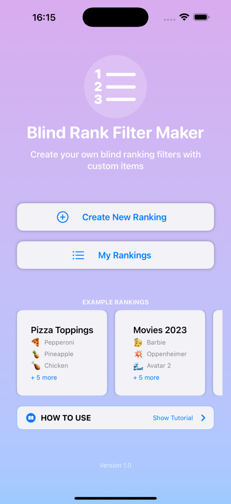 Main menu of the Blind Rank Filter Maker app showing buttons to create new rankings and example categories like Pizza Toppings and Movies 2023.