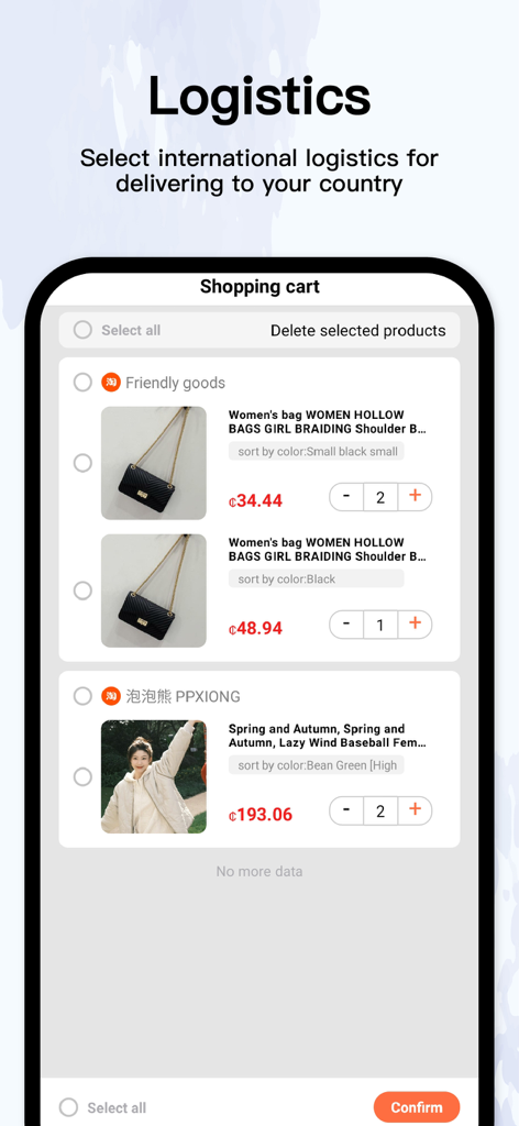 DgoMall mobile app shopping cart interface showing wholesale products and logistics options for shipping to Ghana