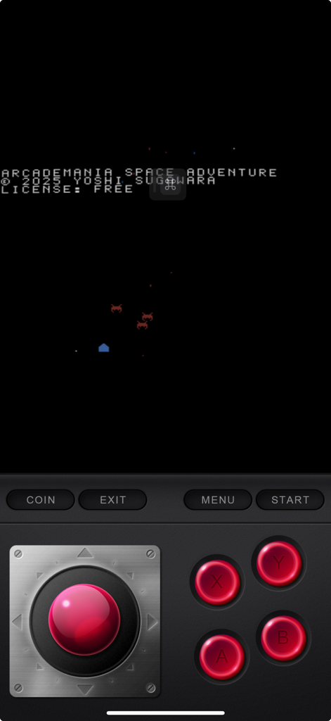 Virtual arcade controller interface on ArcadeMania mobile app playing a retro space game