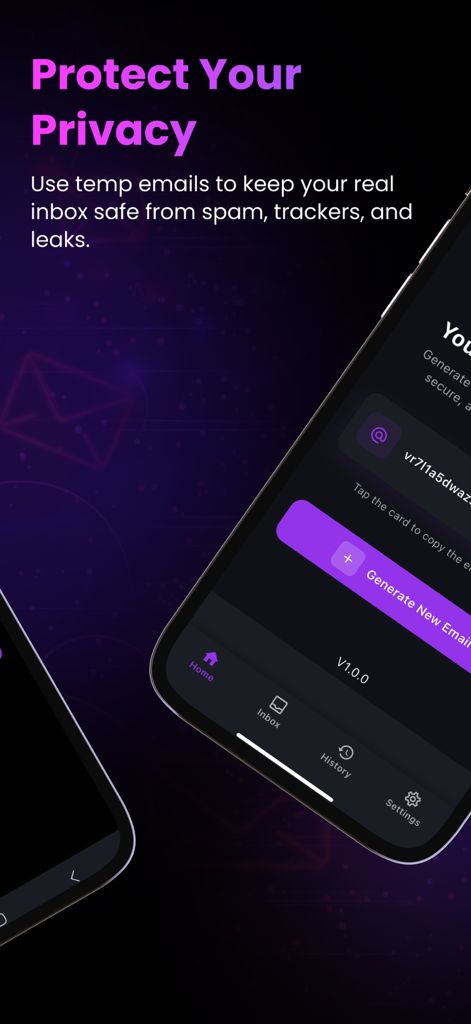 Temp Mail GG app interface showing a privacy protection message and a purple button to generate a new email address.