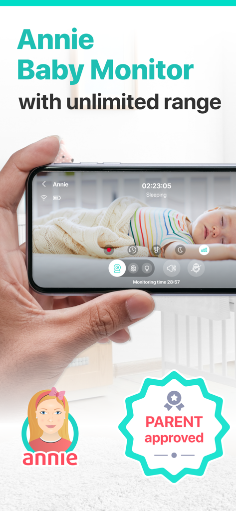Annie Baby Monitor: Nanny Cam - Un smartphone mostrando una transmisión de vídeo en vivo de un bebé durmiendo con la interfaz de la aplicación Annie Baby Monitor