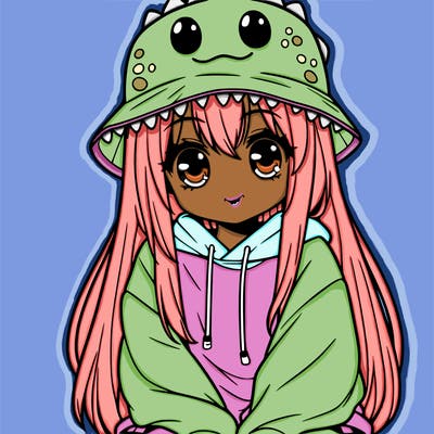 girl with anime shaped eyes with a dinosaur bucket hat oversized sweatshirt long straight hair
