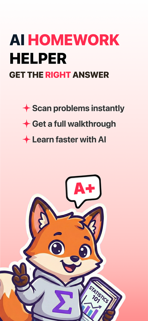Pantalla promocional de Estadística AI: Ayudante de Tareas con una mascota zorro sosteniendo un libro de texto y características clave de la aplicación