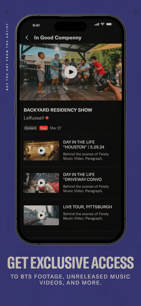 Écran de l'application mobile montrant des vidéos musicales exclusives des coulisses et des images d'artistes