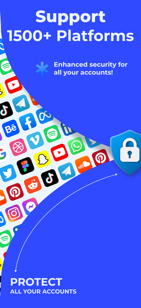 Authenticator App - 2FA &. MFA - Authenticator app screenshot displaying support for over 1500 platforms including social media and work apps for enhanced security.