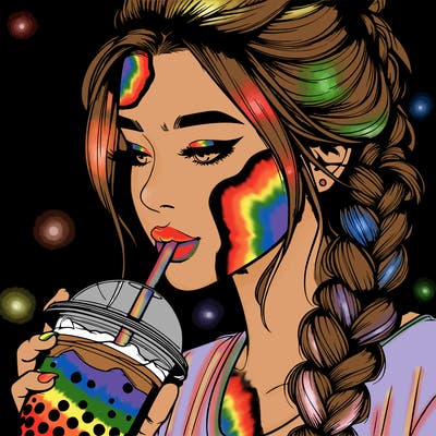 realistic girl drinking boba tea with braided hair