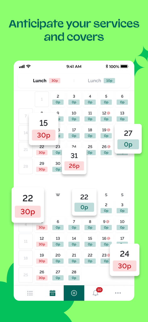 Interfaz de calendario para gestionar reservas de restaurantes y comensales
