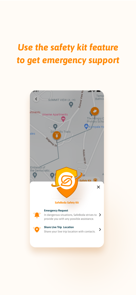 Screenshot dell'app SafeBoda che mostra la funzionalità Safety Kit con opzioni per richieste di emergenza e condivisione della posizione della corsa in tempo reale su una mappa