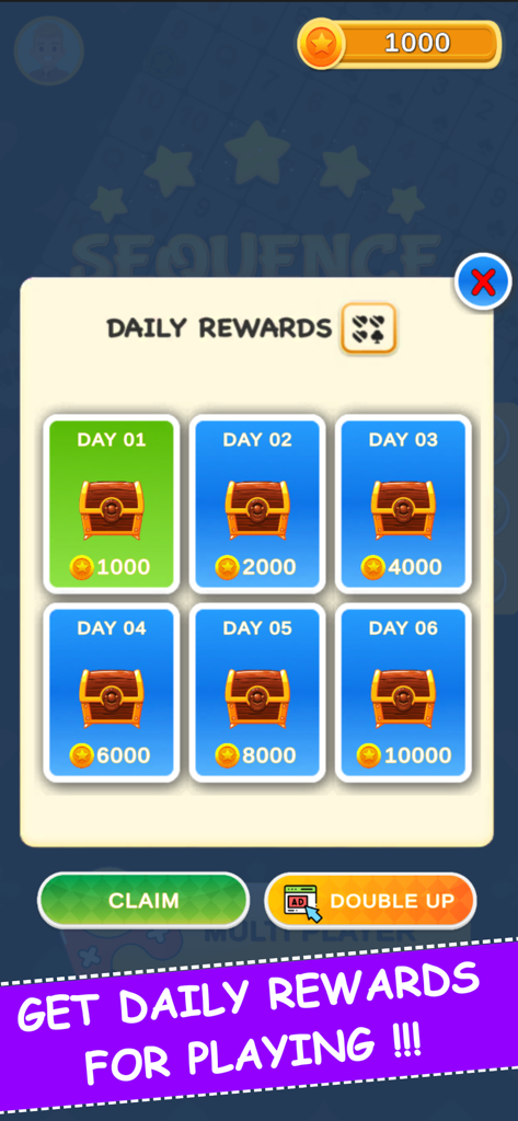 Daily rewards screen for World of Jacks board game featuring coin prizes and treasure chests.