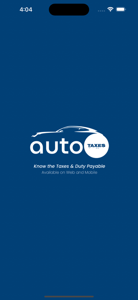 Autotaxes モバイルアプリのスプラッシュスクリーン。車のロゴと「支払うべき税金と関税を知る」というタグラインが青い背景に表示されています。