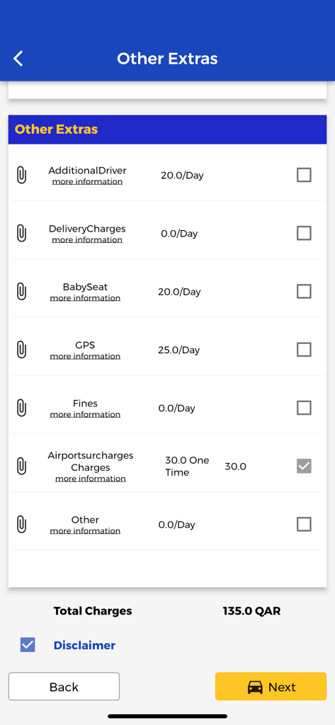 Rent Solutions app screen showing a list of car rental extras including baby seat and GPS with total charges in QAR