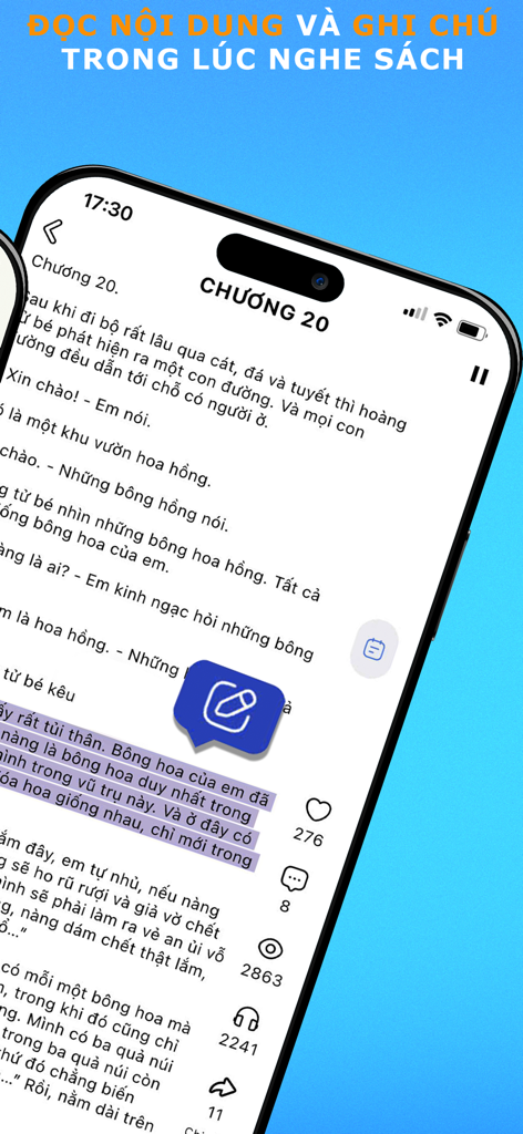 Bookas - Sách nói & Truyện - A mobile interface of the Bookas app showing a chapter of a book with text highlighting and note taking features while listening to audio