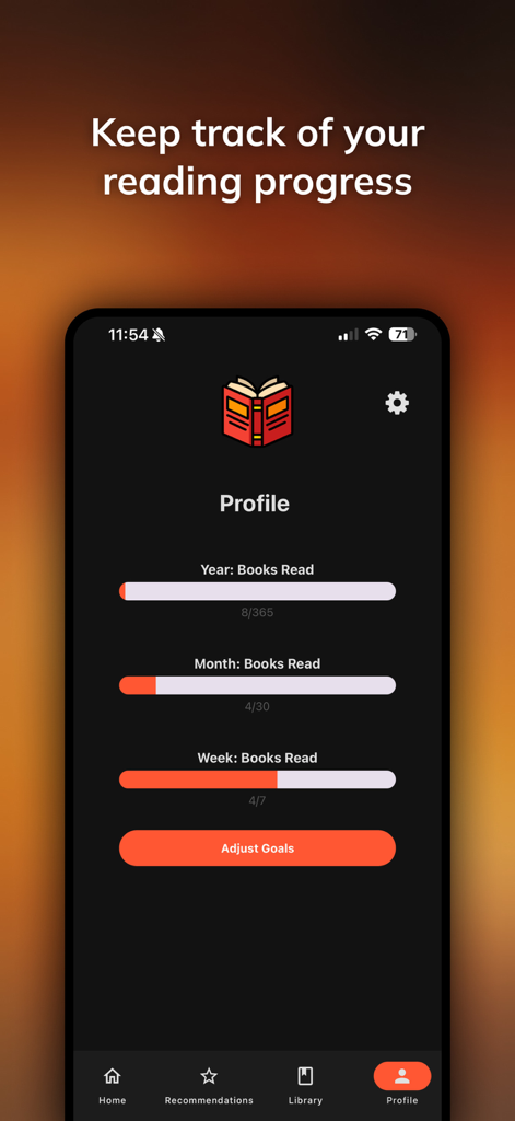 Readfolio: Book Tracker - Reading progress dashboard in the Readfolio app showing yearly monthly and weekly book tracking statistics