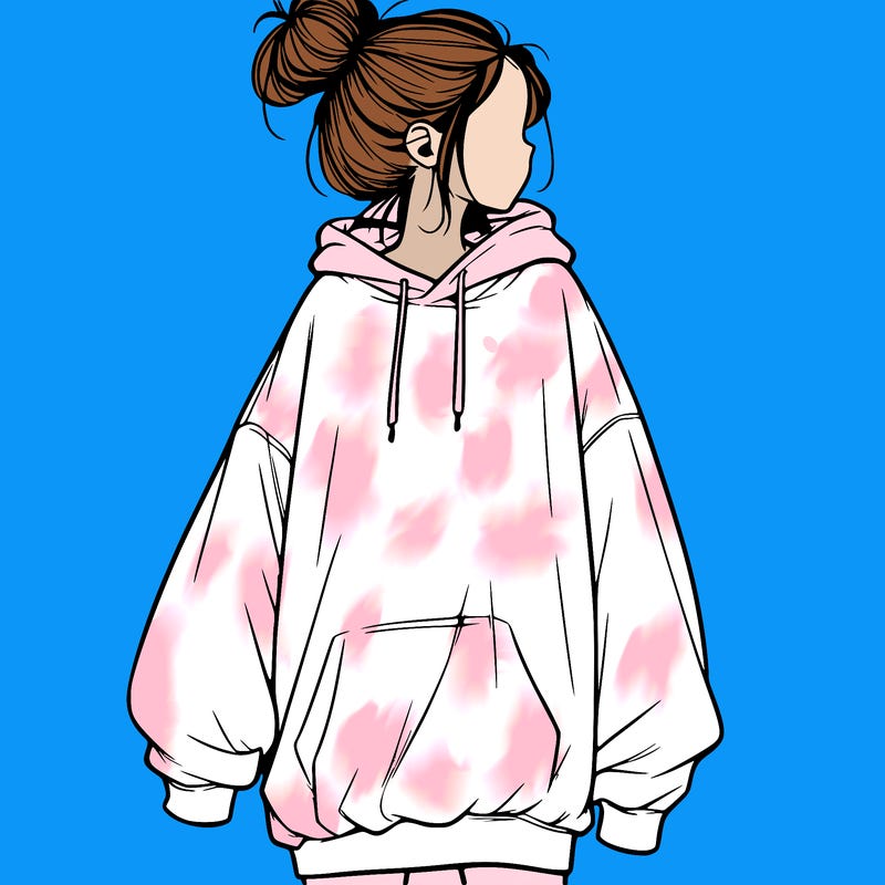 realistic girl with a oversized sweatshirt on and a bun