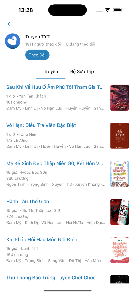 TYT - Truyện Full & Offline - Uma lista de romances vietnamitas e histórias da web com miniaturas na interface do aplicativo TYT.