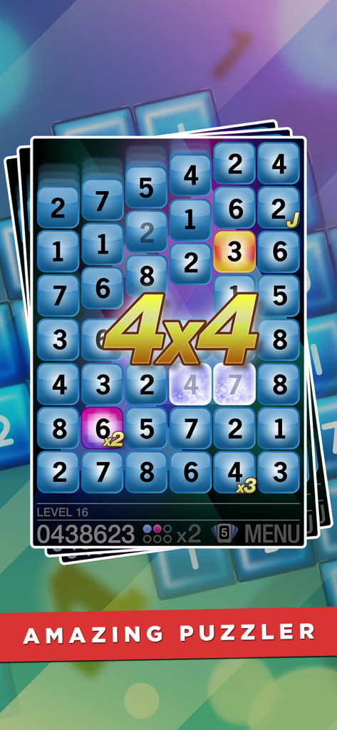 Numba - Numba mobile game screenshot showing a grid of numbered tiles and a large 4x4 achievement graphic on screen