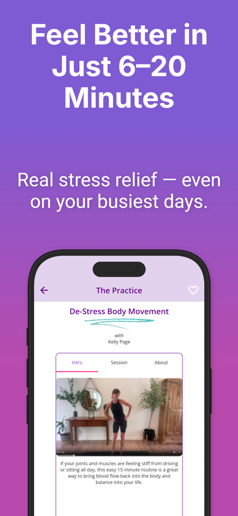 Relax Now: Mental Relaxation - Screenshot der Relax Now App mit einer schnellen 15-minütigen Body-Movement-Sitzung zur Stressbewältigung.