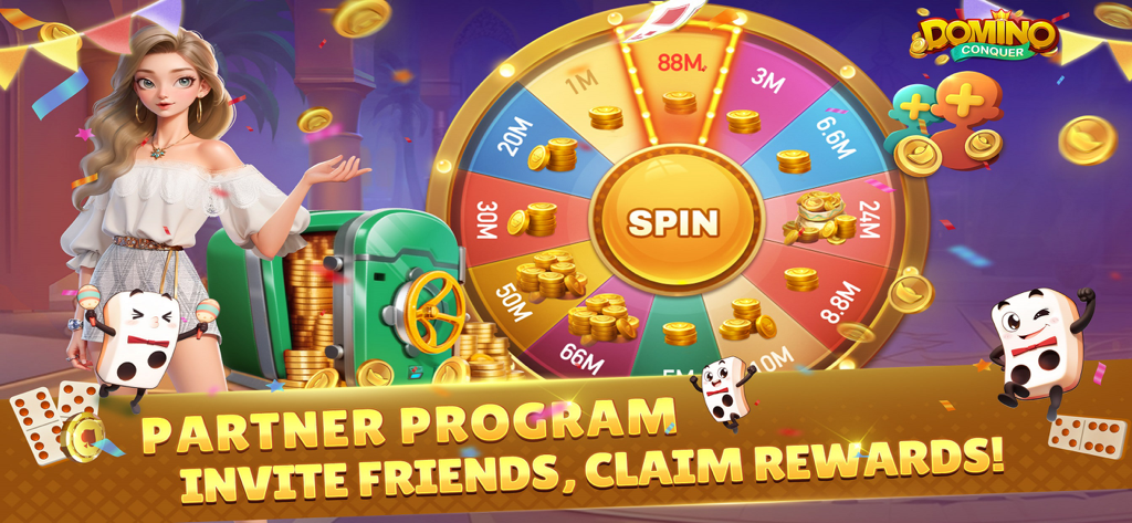 Conquer Domino - Conquer Domino Partner Program screen featuring a reward spin wheel and invite friends call to action