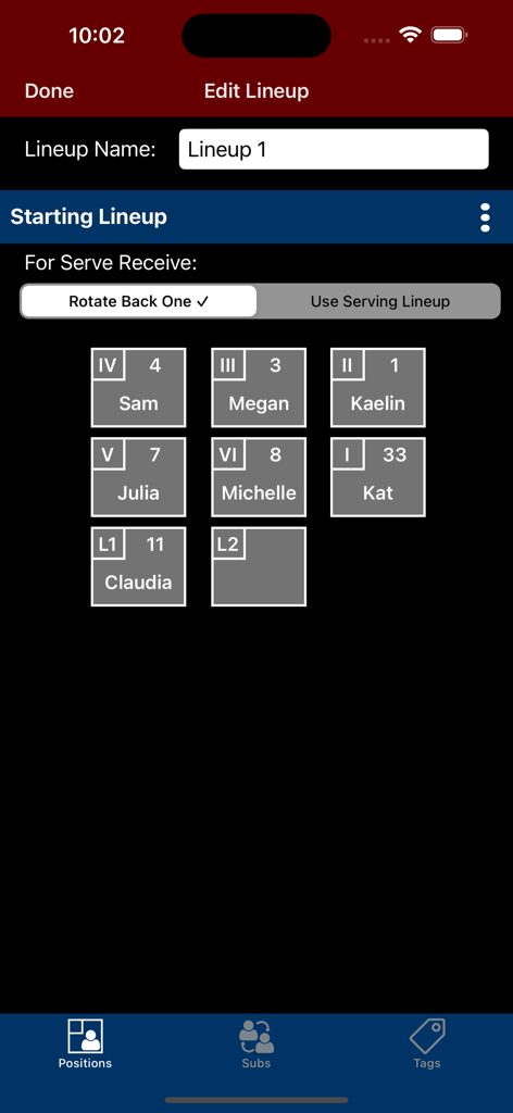 Volleyball Lineup Tracker app screen for setting up a starting lineup with player names and positions