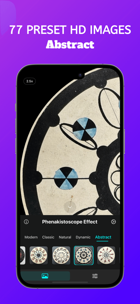 Rotation - Visual Effect - Una interfaz de aplicación móvil que muestra un disco de animación de fenakistoscopio abstracto con patrones azules y negros.