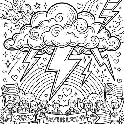 Dive into the vibrant spirit of Pride Month with this electrifying coloring page, featuring a powerful booming thunder cloud and celebratory crowds. Express your creativity and support for love and diversity by bringing this unique design to life with your favorite colors.