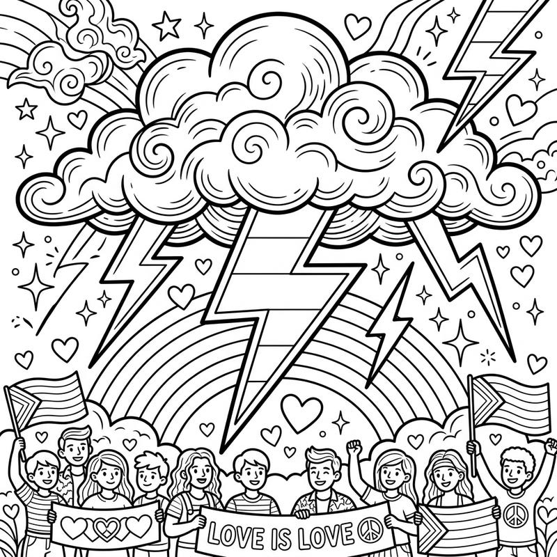Dive into the vibrant spirit of Pride Month with this electrifying coloring page, featuring a powerful booming thunder cloud and celebratory crowds. Express your creativity and support for love and diversity by bringing this unique design to life with your favorite colors.