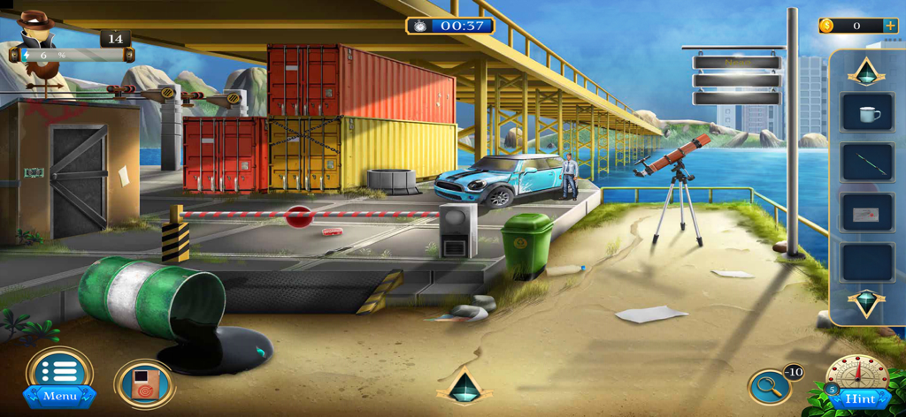 Room Escape: Detective Phantom - Gameplay screen of Detective Phantom at a harbor with cargo containers and hidden objects