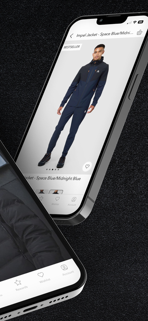 Montirex - App di shopping mobile Montirex che mostra la pagina del prodotto di una tuta blu navy