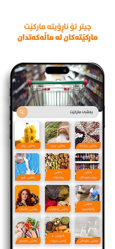 Amada - Amada mobile app interface showing various grocery delivery categories in Kurdish.