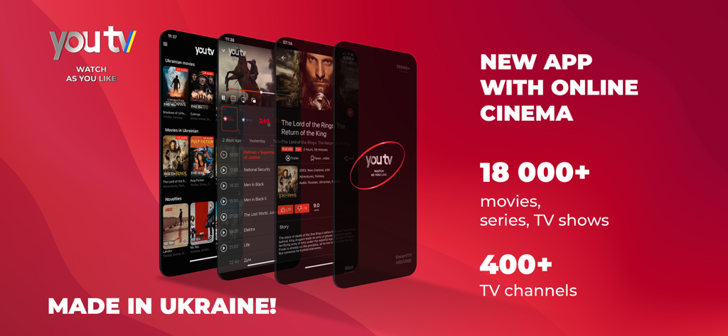 youtv — online TV and movies - Banner promocional para la app de cine online youtv con 18000 películas y 400 canales de TV hechos en Ucrania