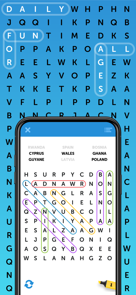 Simple Word Search Puzzles - Un juego de crucigrama clásico en un dispositivo móvil con nombres de países resaltados en una cuadrícula colorida.