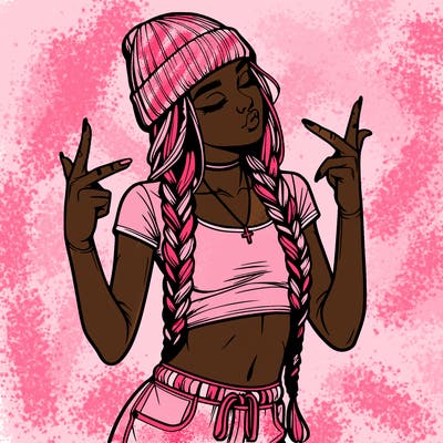 realistic teenage girl with braids and a beanie and crop top doing 🫶🏼