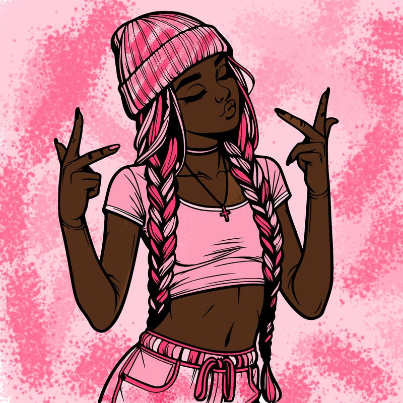 realistic teenage girl with braids and a beanie and crop top doing 🫶🏼