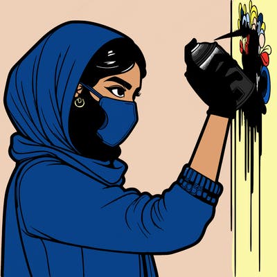 realistic girl with mask spray painting a wall