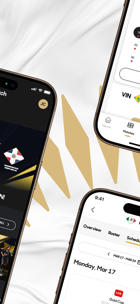 Concacaf Official - Three smartphone screens displaying the Concacaf Official app with match schedules, team rosters, and the Gold Cup interface.