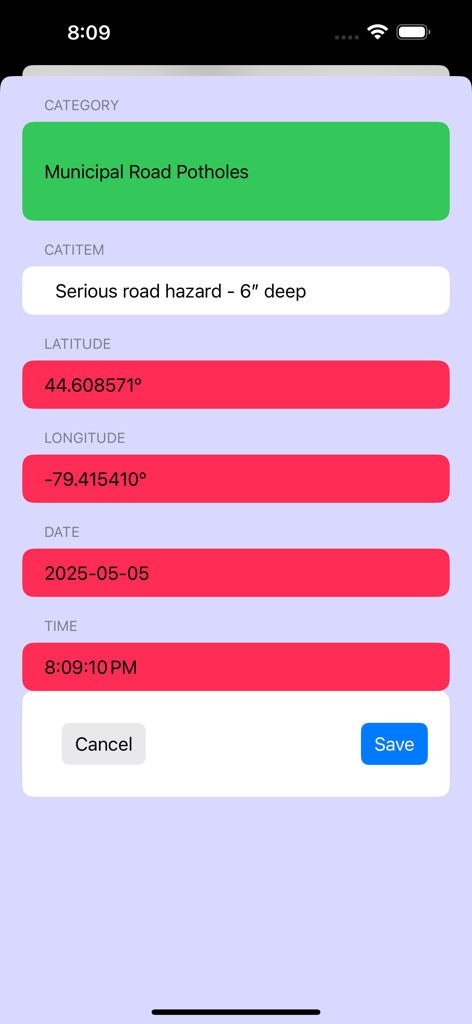 GeoLog - A data entry screen in the GeoLog app for recording location details including coordinates and category.