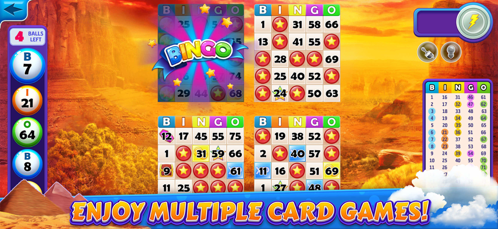 Bingo Cruise™ Live Casino Game - A Bingo Cruise gameplay screen displaying four active bingo cards over a scenic desert canyon background.