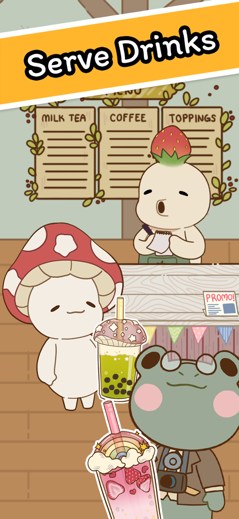 Boba Story - 居心地の良いショップで、かわいい森の精霊や動物たちがおしゃれなボバドリンクを提供されている様子