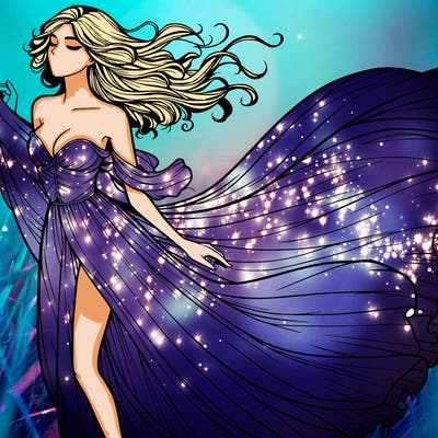 realistic woman in dress flowing the the wind