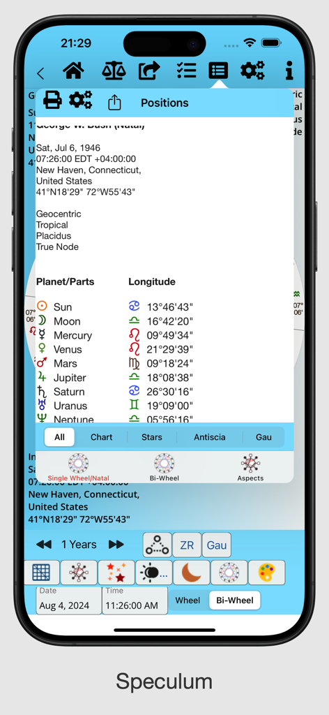 AstroConnexions for iPhone - AstroConnexions iPhone app displaying planetary positions and longitude data in a speculum table for a natal chart.