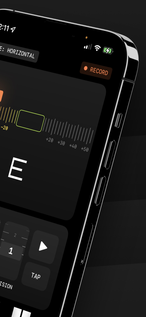 Interface de l'application Accordeur et Métronome Pitch Pro sur un iPhone affichant un accordeur chromatique et les commandes du métronome