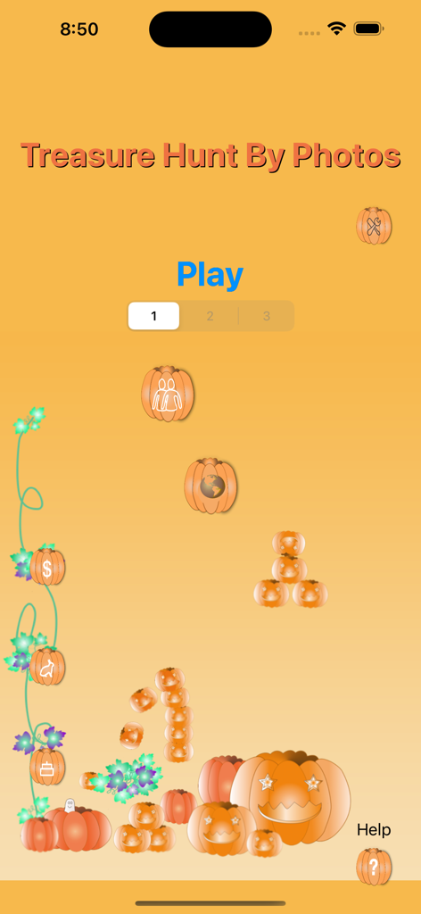 Treasure Hunt By Photos - The Halloween theme home screen of the Treasure Hunt By Photos mobile app