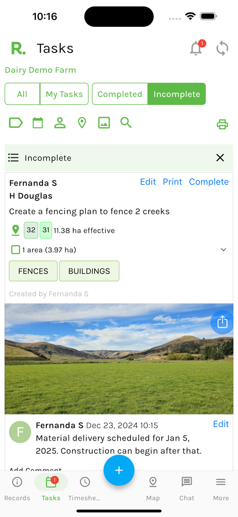 Resolution Farming App - Task management screen in Resolution Farming App showing a fencing plan task with an image of a green field