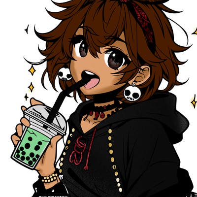 hot baddie anime girl drinking boba and biting the straw