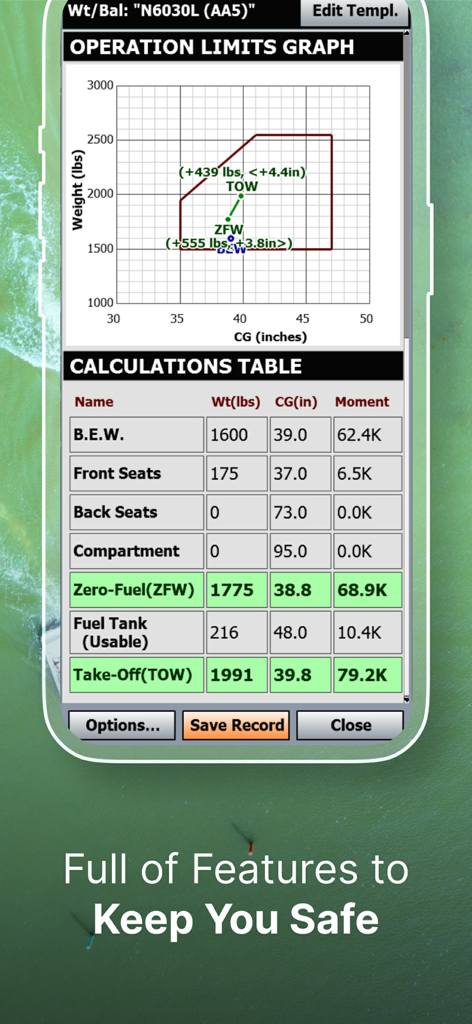 iFly EFB - iFly EFB weight and balance calculator screen showing operation limits graph and flight loading calculations