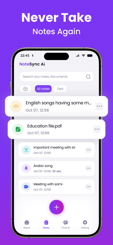 Transcribe  Ai - Note Taker - NoteSync Aiアプリのインターフェースを、さまざまな音声およびドキュメントノートのリストとともに表示するスマートフォン画面。