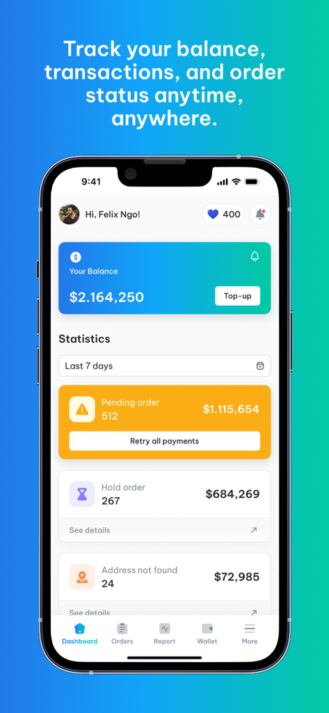 Dashboard dell'app mobile FlashPOD che mostra statistiche sul saldo del conto e sullo stato degli ordini