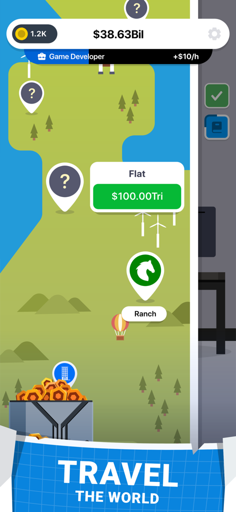 Cyber Dude: Dev Tycoon - Gameplay screen showing a map for traveling and buying property in Cyber Dude Dev Tycoon